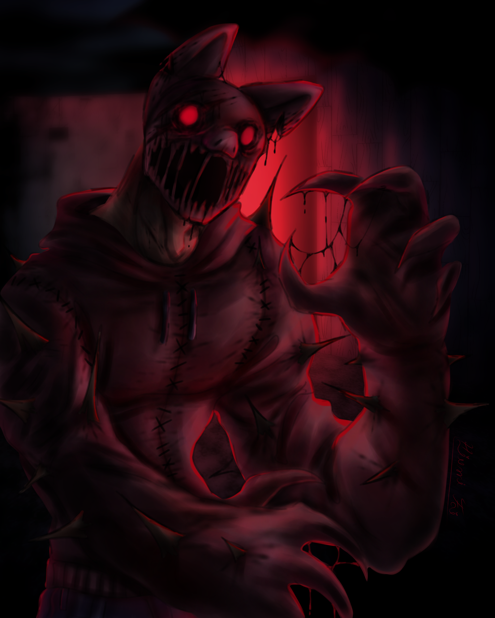 Ilustración digital con fusión de elementos tiernos y oscuros, por Hiumi