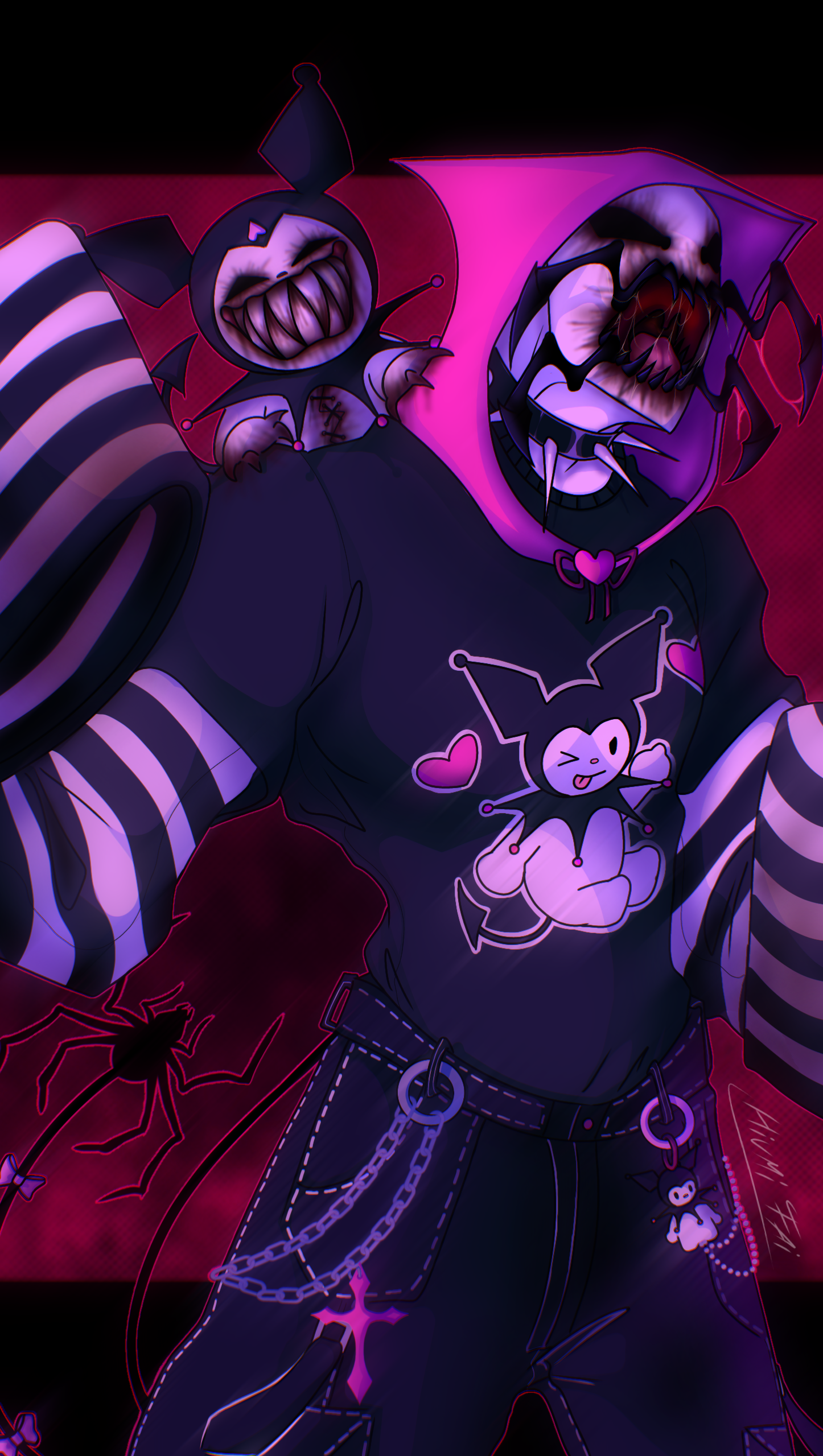 Figura encapuchada con criatura tipo bufón en el hombro, estética gótica y neón, por Hiumi